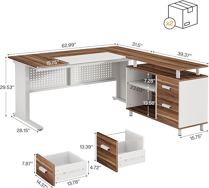 Tribesigns 63-Inch L-Shaped Executive Desk with Storage Shelves Large Office Computer Desk with Drawers and File Cabinet Industrial Business Workstation for Home Office Walnut and White