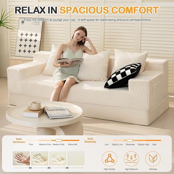 Convertible Futon Sofa Bed Couch 78'' Corduroy Folding Sofas Bed Compression Boneless Floor Couch Sofa Beds with 3 Pillows for Living Room Bedroom Apartment
