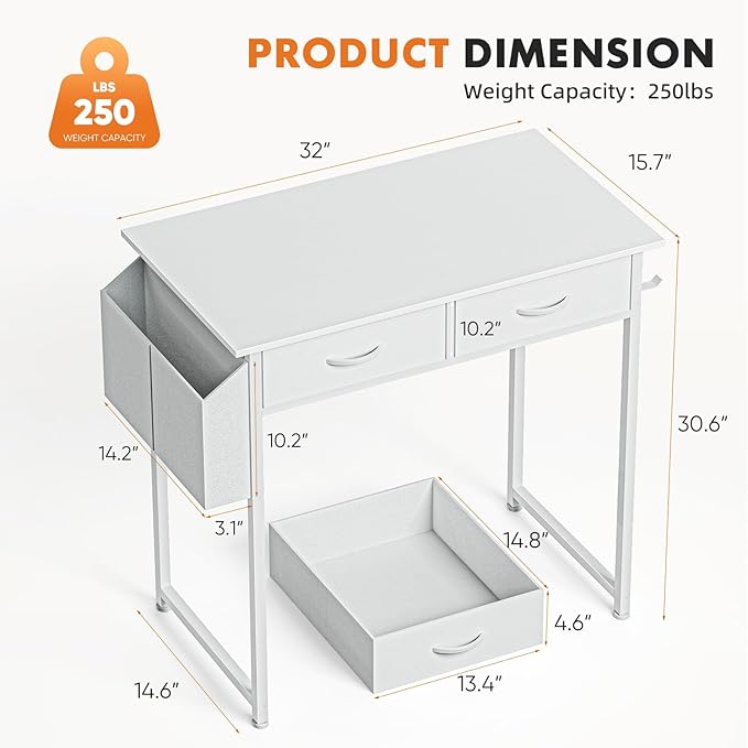 Sweetcrispy Computer Desk Small 32 Inch Home Office Bedroom Writing Study PC Table with Fabric Storage Drawers Space Side Bag Headphone Hook Metal Frame Adjustable Feet Modern Simple Style White Wood