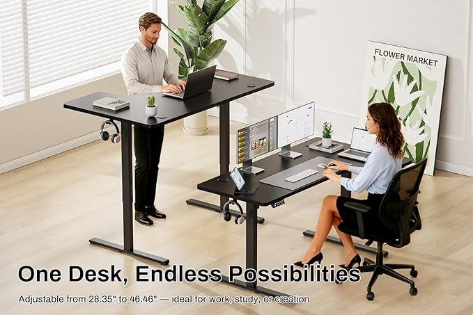EcoZen Standing Desk Electric Height Adjustable Desk 55 x 33.5 Inches L Shaped Sit Stand up Desk Computer Home Office Desk Memory Preset with Two-Piece Fir Wood Desktop (Black 55 * 33.5 Inch)