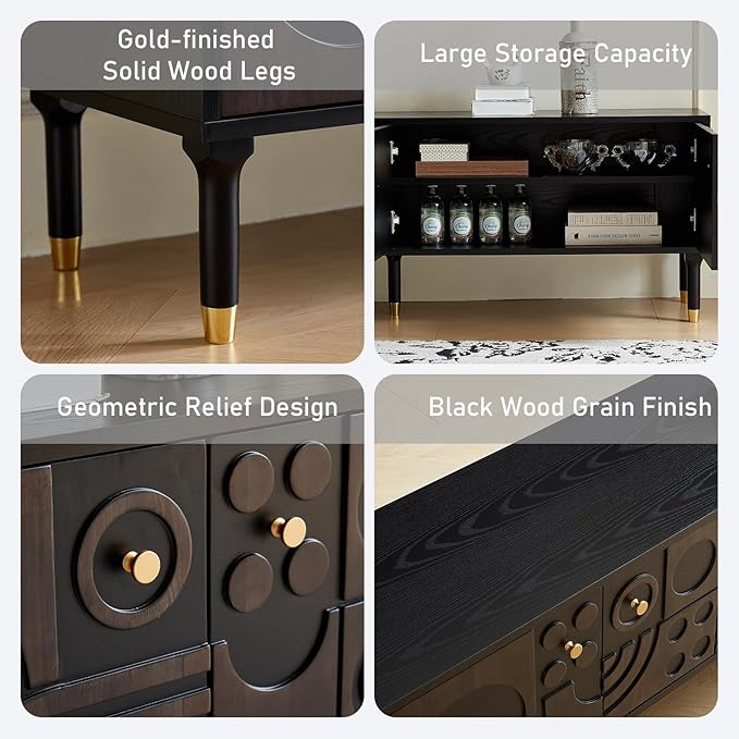 Modern TV Stand for 75 inch TV 66.9 Entertainment Center with Carved Geometric Doors TV Console with 4 Cabinet Storage Retro Art-Inspired Media Console for Living Room/Bedroom - Black