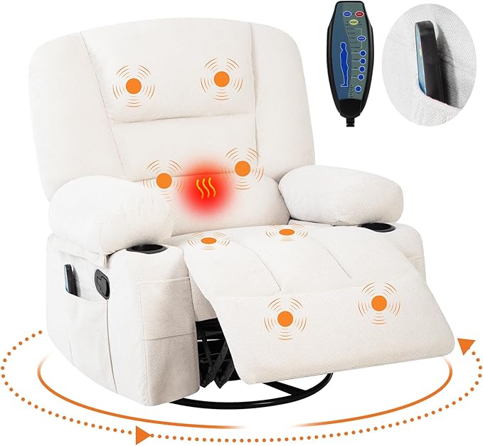 Massage Rocking Recliner Chair with Vibration and Heat 360° Swivel Chenille Rocker Chairs for Living Room Home Theater Seating with Cup Holders &amp Side Pocket for Adults Living Room Bedroom Wh
