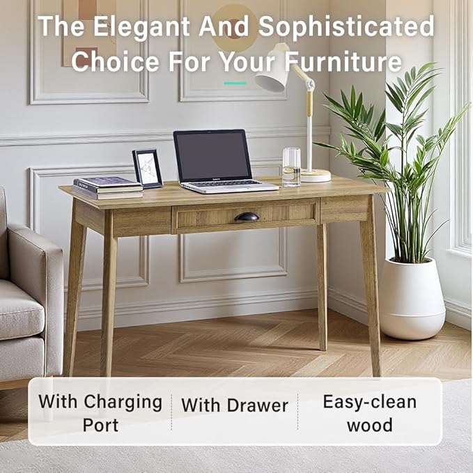 Newport Series Home Office Computer Writing Desk with Fully Extended Drawer | Laptop PC Workstation With USB Hub | Sturdy and Stylish | Easy Assembly| Golden Oak Wood Look Accent Living Room Furniture