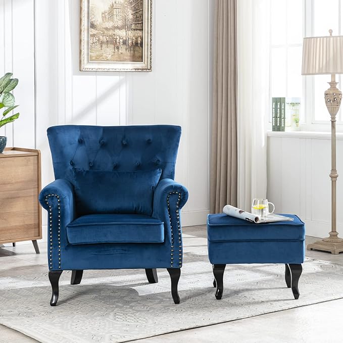 Mid Century Modern Accent Chair Upholstered Armchair Comfy Velvet Tufted Wingback Single Sofa with Ottoman for Bedroom Living Room Blue