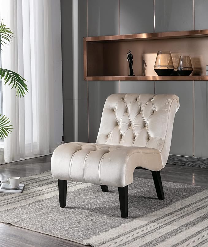 KINFFICT Velvet Accent Lounge Chair for Living Room Modern Leisure Chair with Tufted Backrest Indoor Armless Side Chair Upholstered Bedroom Sleeper Chairs with Solid Wood Legs
