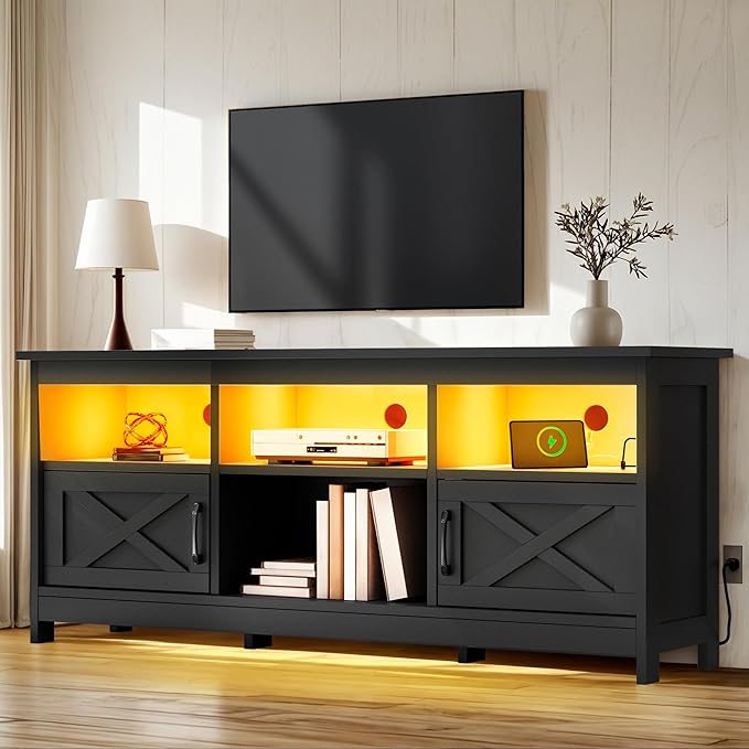 YITAHOME TV Stand for 65 Inch TVs Entertainment Center with Storage Cabinets Power Outlet &amp LED Light Media TV Console with Barn Doors for Living Room Black