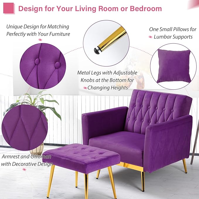 2 Pieces Velvet Sofa Set with Adjustable Armrest and Backrest 70” Convertible Futon Sofa Bed &amp Mordern Accent Chair with Ottoman for Living Room Bedroom Purpel