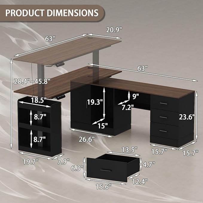 63 Large Electric Standing Office Desk with Drawers Modern Executive Deep L Shaped Computer Raising Stand up Desk with Shelves Storage for Home Office Adjustable Height Black &amp Brown