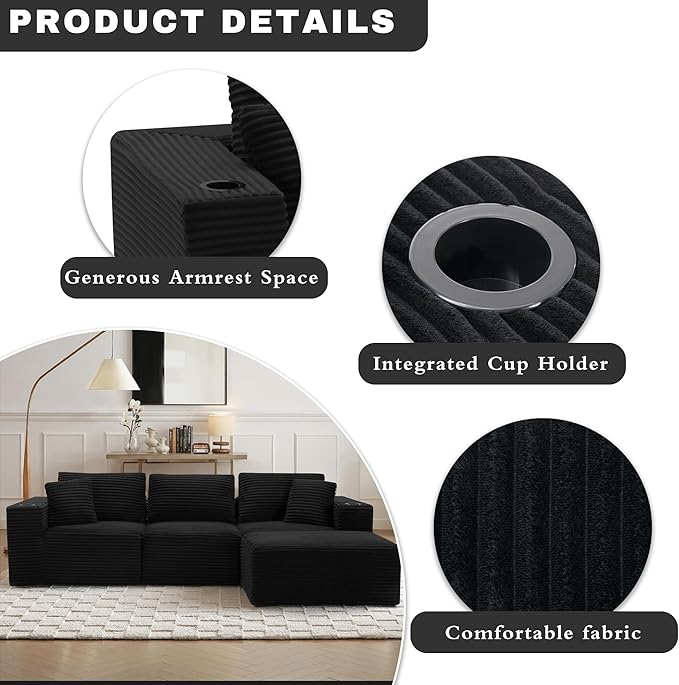 110”Modular Sectional SofaCloud Boneless Couch with Deep SeatModern Modular L-Shape Sofa Couch with 0ttomanUpholstered Couches for Living Room Bedroom (Black)