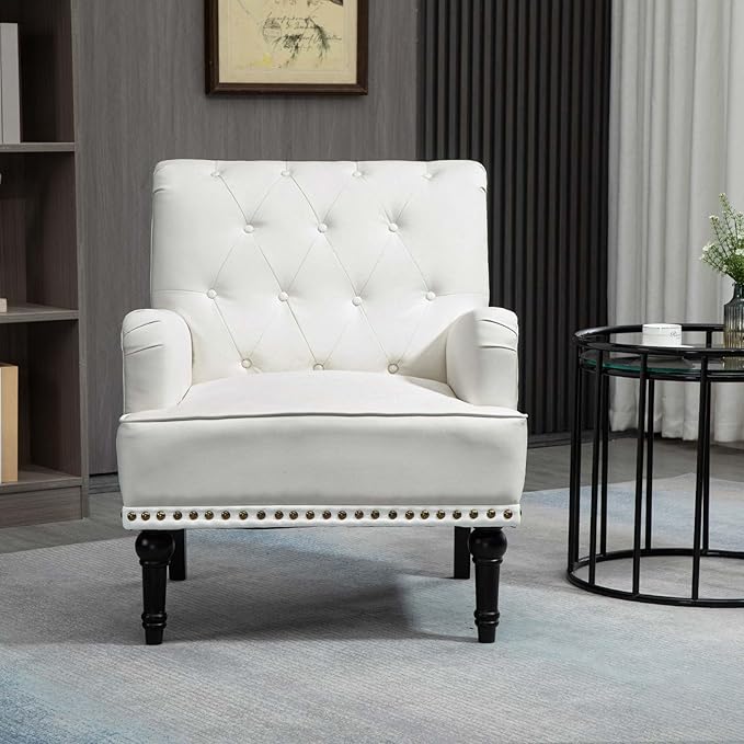 MOJAY Modern PU Leather Accent Chair Set of 2 Mid-Century Living Room Lounge Club Chair with Rivet Trim Single Sofa Reading Arm Chair for Bedroom Home Office Study Lounges(White)