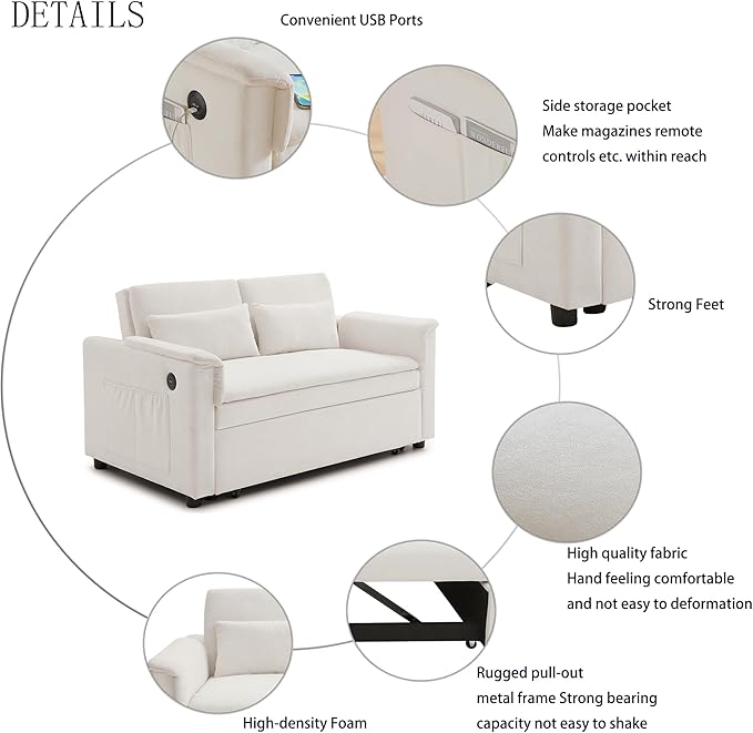 55 Convertible Loveseat Pull Out Sofa Bed for Living Room 3 in 1 Multi-Functional Sleeper Sofa Chaise Lounge Daybed Sofacama w/Adjustable BackrestUSB PortsSide Pockets