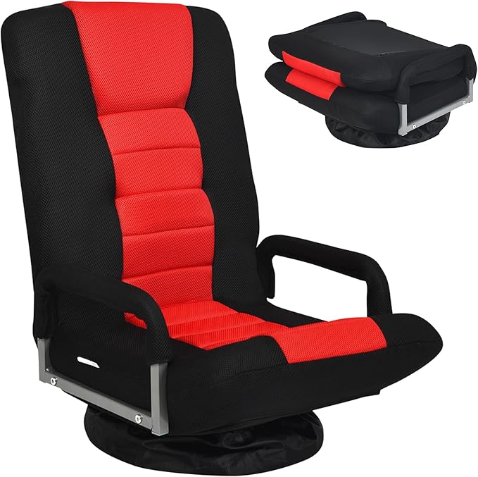 Giantex Floor Chair 360 Degree Swivel Chair with Adjustable Backrest Lumbar Support Armrest Foldable Lazy Sofa Rocker for TV Reading Playing Video Games Black/Red