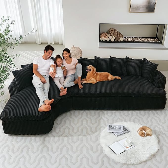 129 Oversized L-Shaped Sectional Couch Corduroy Upholstery Boneless Couch with 10 Pillows Modern Cloud Sofa Black Couches for Living Room Soft Deep Seat Sponge Sofa No Assembly
