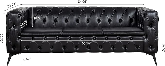 KEVINSPACE 84.06 3 Seater Sofa for Living Room Modern Chesterfield Sofa Couch Furniture Three-seat Sofa Classic Tufted Chesterfield Couch Tufted Back for Bedroom Office Apartment Black
