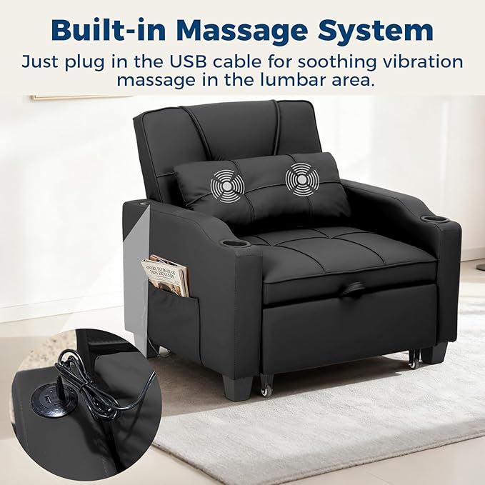 Sleeper Chair Pull Out Bed 4 in 1 Convertible Sofa Chair Bed with Vibration Massage Lumbar Pillow Single Sofa Recliner with USB/Type-C Port Cup Holders and Side Pocket for Small Spaces (Black)