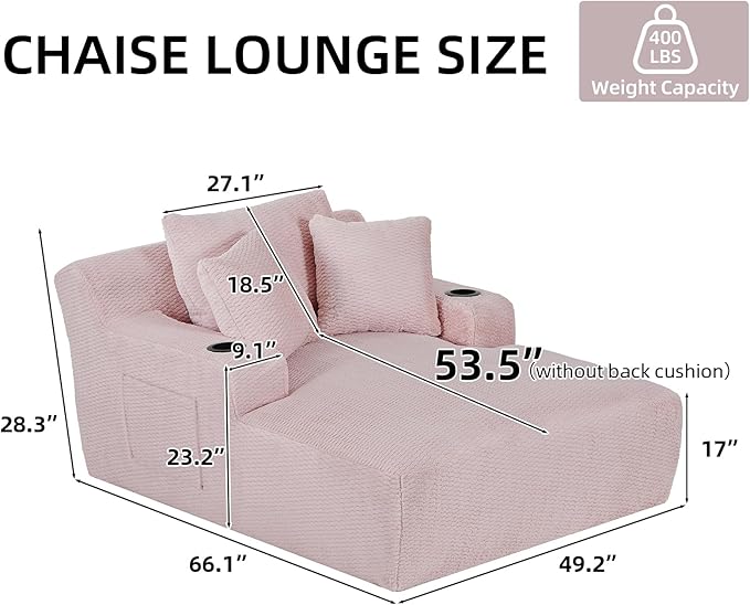 Oversized Chaise Lounge Chair - Upholstered Couch Cloud Boneless ChairDeep Seat Sleeper Sofa with Cup Holders and Side PocketsComfy Reading Chair for Living Room (Pink)
