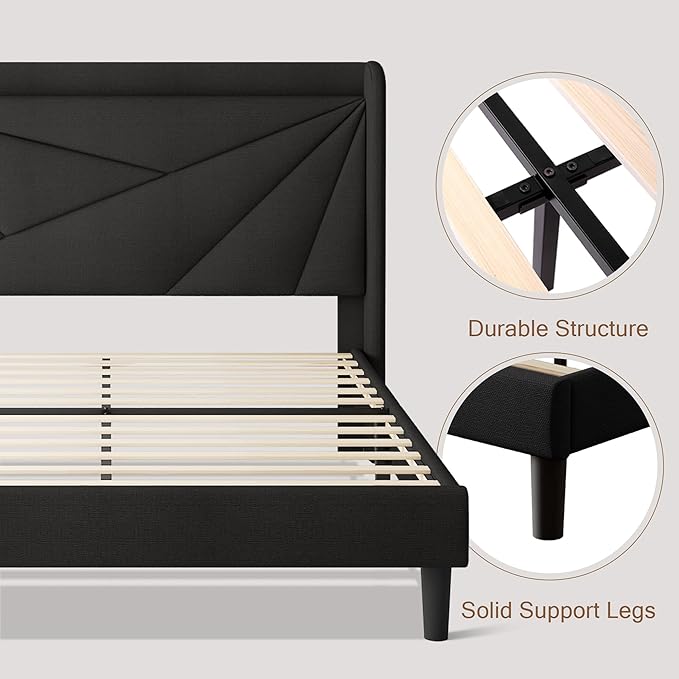 Full Size Upholstered Bed Frame with Charging Station Platform Bed Frame with Storage Headboard Solid Wood Slats Support No Box Spring NeededBlack