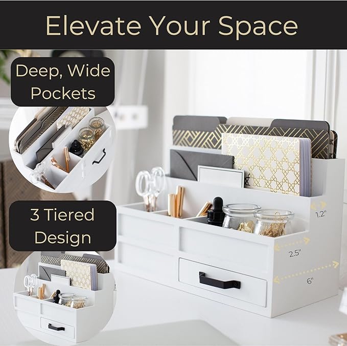 BLU MONACO | White Desktop Organizer with Drawer Storage | Tabletop Organizer with Drawers for Paper Bills Mail | Wooden Mail Organizer for Countertop Workspace | with Drawer Bill