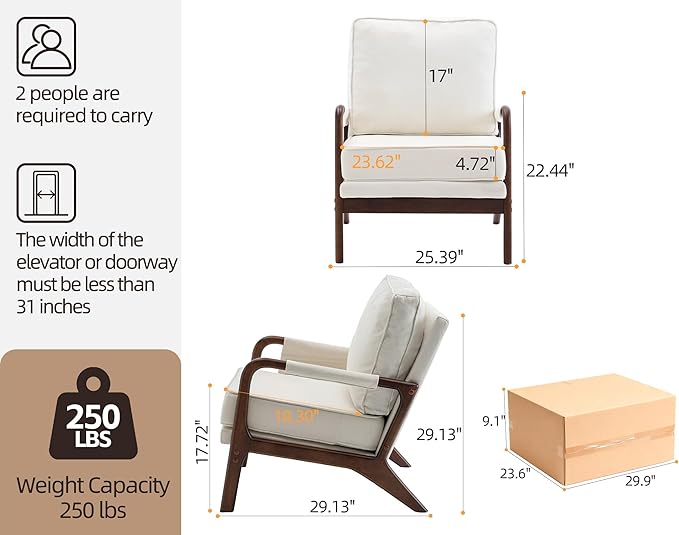 Mid Century Modern Chair Set of 2 Upholstered Lounge Arm Chair with Solid Wood Frame Comfy Accent Chair for Living Room Bedroom ReadingWaitingReception Beige