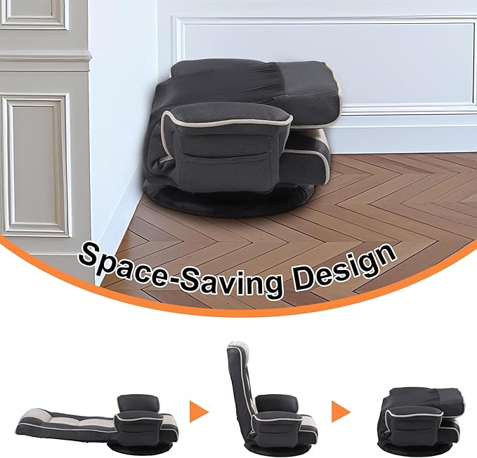Swivel Floor Chairs for Adults Floor Gaming Chair with Extra Wide Arms Back Support 14 Angles Adjustable Comfortable Double Mesh Fabric Lazy Sofa for Video Game Chairs 201 (Grey + Beige)