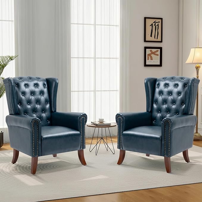 MOJAY Modern PU Leather Accent Chairs Set of 2 Mid-Century Living Room Chairs Upholstered Club Arm Chair Single Sofa Chair with Solid Wooden Legs for Bedroom Study Home Office Reception (DarkBlue)