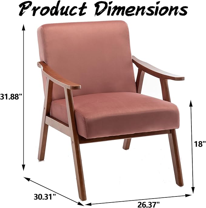 Mid Century Modern Accent Chair Upholstered Armchair Comfy with Wood Legs Siting Chair with Soft Cushion PU Leather Side Chairs for Living Room Bedroom Office (Velvet Rose)
