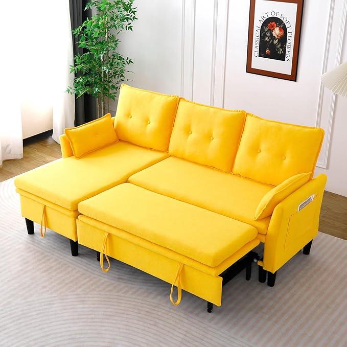 78 L-Shaped Sleeper Sofa Bed Couch 3-Seater Reversible Pull Out Couch Bed with Storage Chaise Lounge Cotton-Linen Pullout Sofabed Sectional Couches for Living Room Apartment Yellow