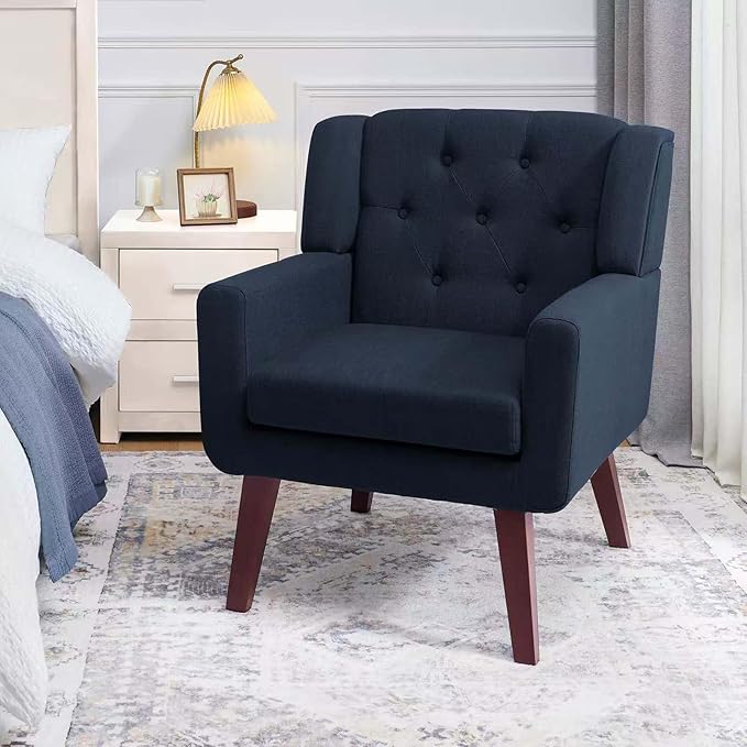 Accent Chairs Set of 2 Button-Tufted Upholstered Living Room Chairs Set of 2 Comfy Reading Chair Mid Century Modern Chairs with Linen Fabric Lounge Arm Chairs for Bedroom (Navy Blue)