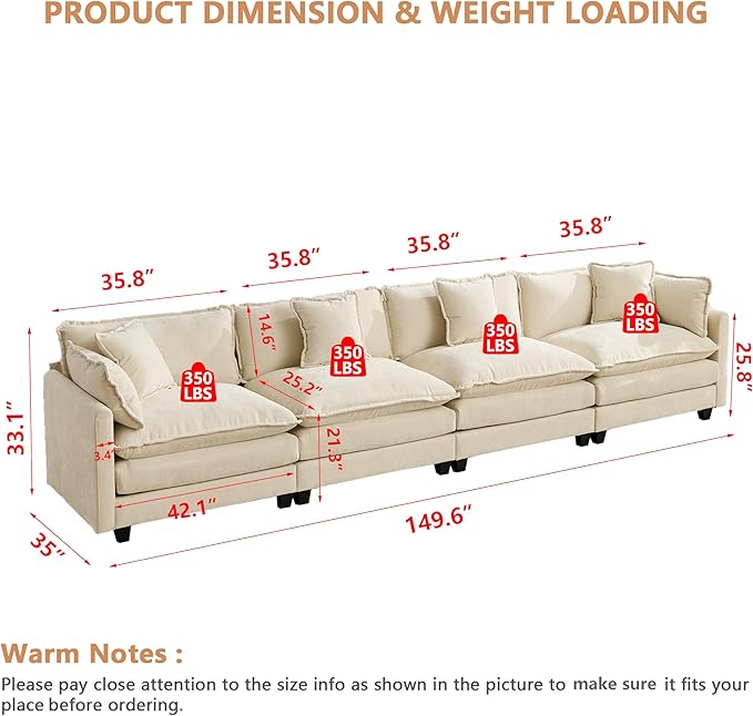Aoowow Modular Sectional 4 Seater Cloud Sofa Couch for Living Room149.6 Beige Cloud Sofas with Deep SeatModern Chenille 4 Seat SofasFluffy Cloud Couches for BedroomOfficeHotel (Beige 4 Seater)