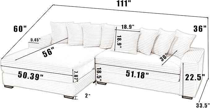 110 Cloud Sectional Couch L Shaped Sectional Couch with Chaise and 8 Side Sleeper Pillows 5 Seat Sleeper Sofa Bed for Living Room Corduroy Fabric Beige Left Style