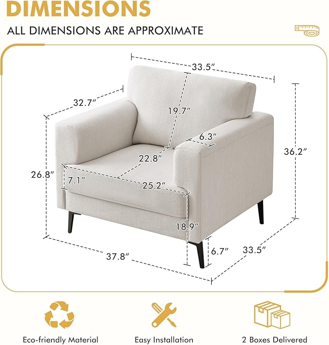 Oversized Accent Chair Upholstered Living Room Chairs Single Sofa Chair w/Metal Legs Comfy Linen Fabric Reading Lounge Armchair for Apartment Bedroom Office Cream 1PC
