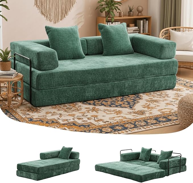Alpen 77 Convertible Sleeper Sofa Bed with Pillow - Chenille Fabric &amp High-Density Sponge &amp Fixed-Shape Frame Modular Sofa for Living Room/Lounge/Studio Green