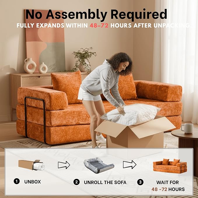 Alpen 77 Convertible Sleeper Sofa Bed with Pillow - Chenille Fabric &amp High-Density Sponge &amp Fixed-Shape Frame Modular Sofa for Living Room/Lounge/Studio Orange
