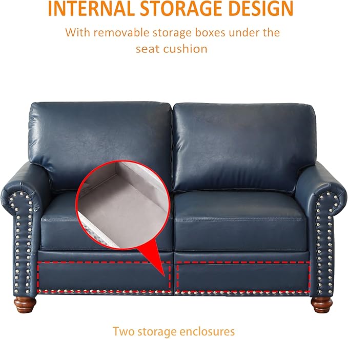59 Faux Leather Pu Loveseat Underseat Storage Classic Love Seat Couch Elegance 2 Seat with Rolled Armrests Nailhead Trim Wood Legs Traditional Living Room Accent Sofa 2 Seat-Navy Blue