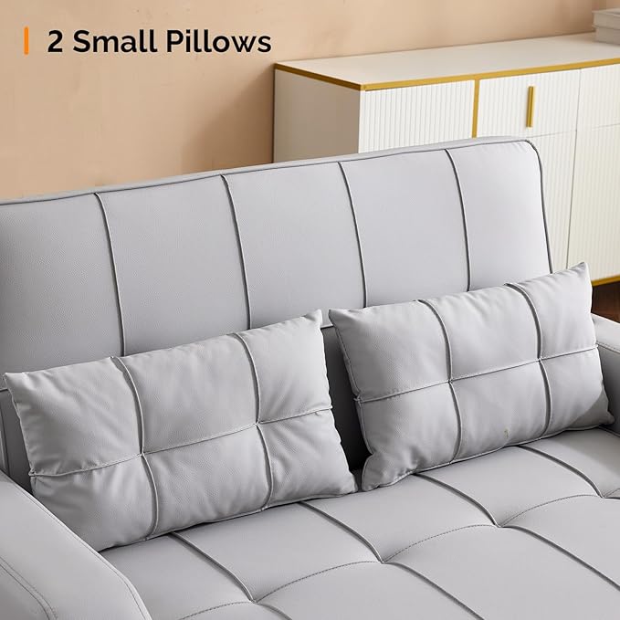 VINGLI Light Grey Futon Sofa Bed Convertible Loveseat Sleeper Couch Faux Leather Pullout Sofa Fold Out Couch Bed with USB Ports Cup Holders Armrest for Living Room Bedroom Apartment Room