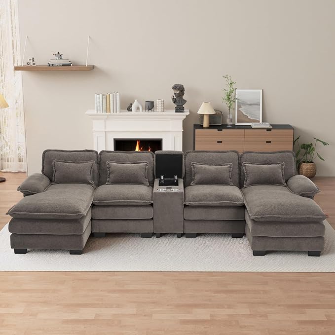 OUYESSIR U Shaped Cloud Sectional Couch 124 Fluffy Modular Sofa Set with Double Chaise Lounge Central Console &amp USB Port Comfy Chenille Big Sectional Couches for Living Room Stone Grey
