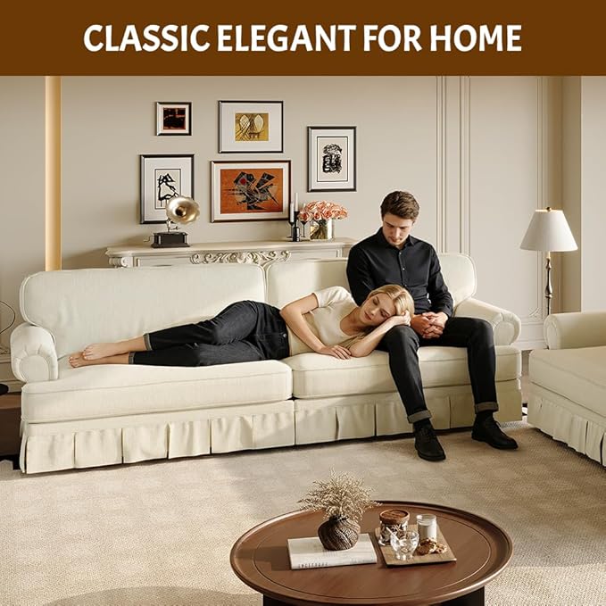 74'' Mid Century Sofa with Pleated Skirt Chenille Cloud Sectional Couch Comfy Love Seat Couches Deep Seat Rolled Arm Vintage Loveseat Sofa for Living Room Apartment Beige