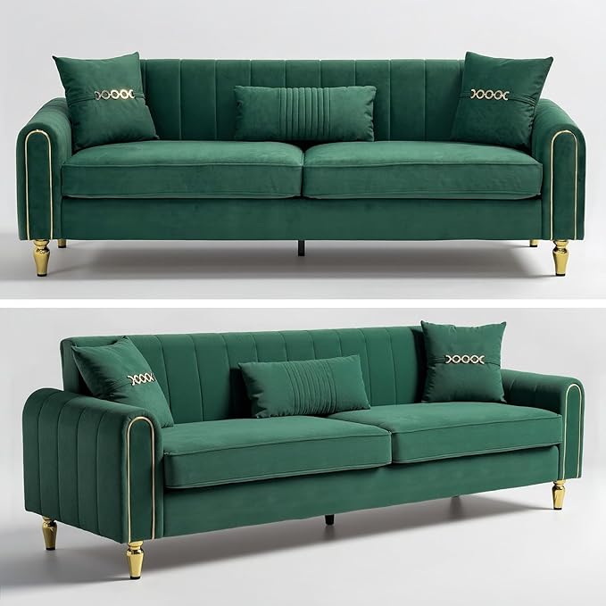 87.5 Modern 3-Seater Velvet Couch with Metal Legs &amp Decorative Pillows High Resilience Sponge Spring Seat Luxury Sectional Loveseat Sofa for Living Room Apartment Small Space Green