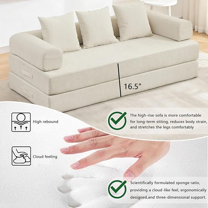 79 Inch 4-in-1 Convertible Sofa Bed Boneless Couches Chenille Folding Sleeper with Pull Out Bed Floor Futon Modular Lounge Loveseat Compressed Sofa No Assembly Required for Living Room (Beige)