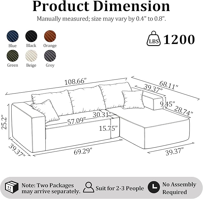 108'' L-Shaped Cloud Modular Sectional Sofa Modern Corduroy Memory Foam Couch with Right Facing Chaise Lounge Upholstered Boneless Deep Seat Fluffy Sofa No Assembly Needed for Home Olive Green