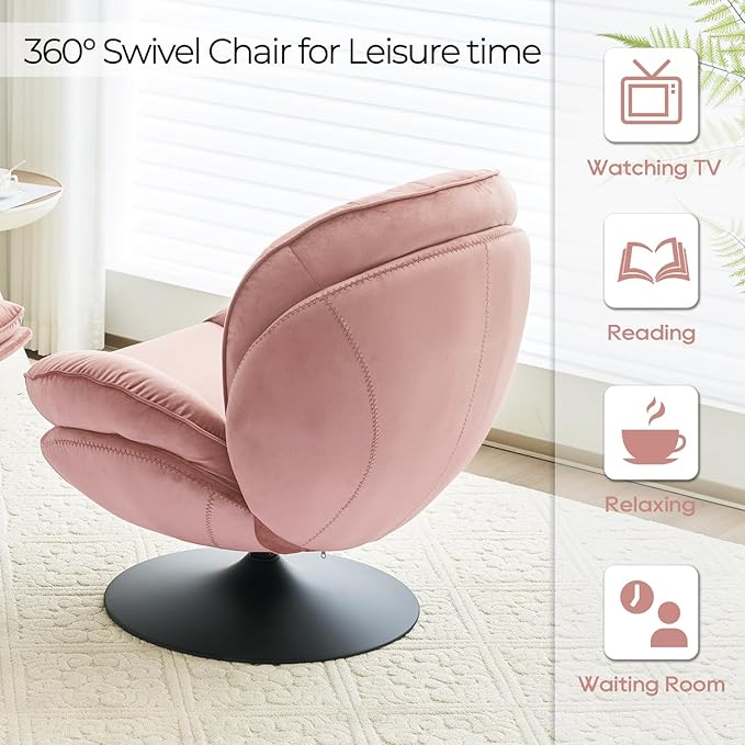 Velvet Swivel Accent Chair with Ottoman Set Modern Tufted Armchair with Footrest for Living Room Reading TV Chair for Adults Comfy Chaise Lounge Chairs with 360 Degree Swiveling for Bedroom Pink