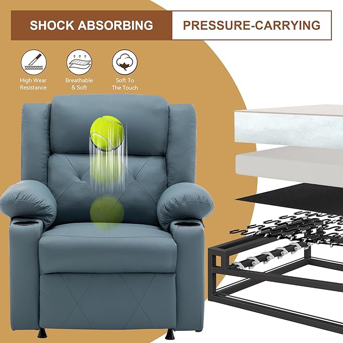 Aklaus Recliner Chair with Foldable Side Table Massage and Heat Reclining Chair Home Theater Seating Reclining Sofa with Side Pockets Cup Holders for Living Room BedroomBlue