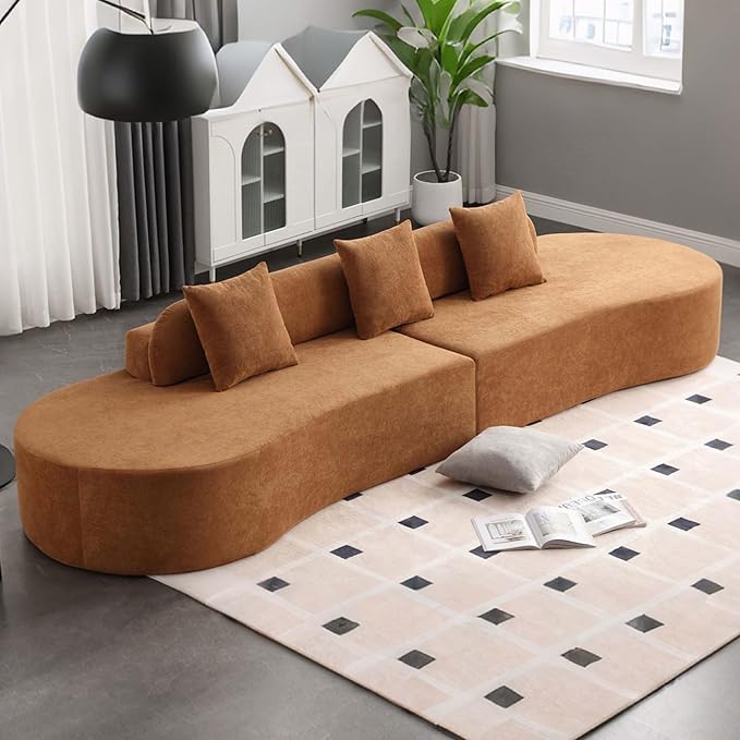 130.5” Oversized Curved Sectional Sofa Modern Cloud Curved Couch Boneless Compression Sofa with 3 Pillows for Living Room Apartment Office No Assembly Required Terrycloth Fabric Brown