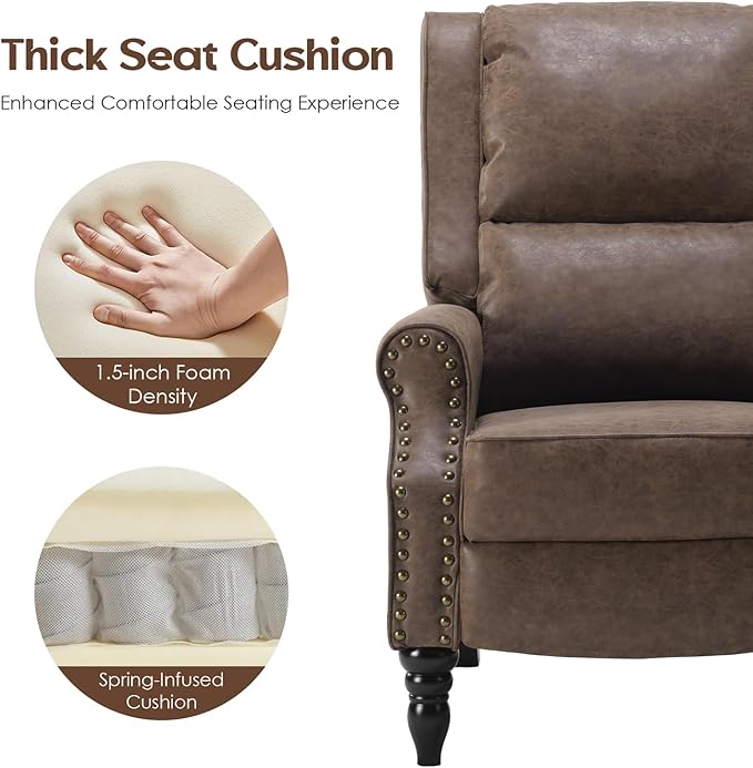 Leather Recliner Chair Pushback Recliner Chair with Adjustable Backrest Footrest Mid-Century Modern Living Room Reclining Chairs with Lumbar Support for Reading Bedroom (Brown)