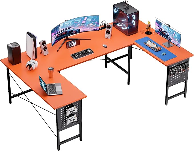 Pamray 71 Inch Large Computer Desk with Power OutletsU Shaped Corner Desk for Home Office Work and Gaming Orange