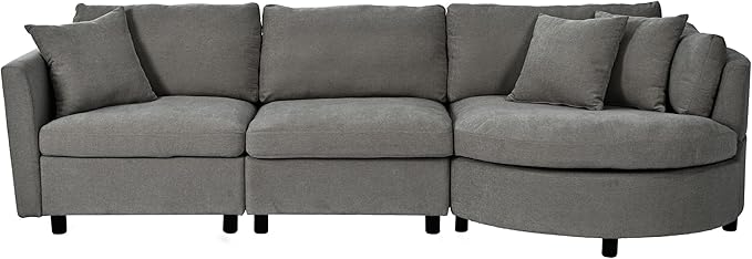 ERYE L-Shaped Right Facing Sectional Sofa Oversized Chenille Upholstered Corner Couch W/Curved Chaise Seat and 3 Toss Pillows Modern L-Shaped Sofa Couches for Living Room