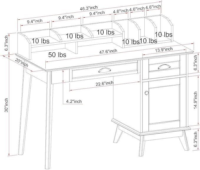 Pemberly Row Wood Writing/Computer Desk with Hutch Golden Oak Finish 47.6 in x 20 in x 36.3 in Engineered Wood and Metal USB Hub Multiuse Drawer Durable Home Office Desk for Bedroom or Dorm