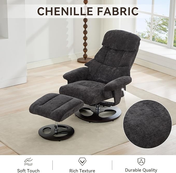 Ergonomic Recliner Chair with Ottoman for Adults 360° Swivel Massage Lounge Chair with 5-Point Vibration &amp Heated Seat140° Adjustable Chenille Recliner for Living Room Office (Dark Gray+Chenille