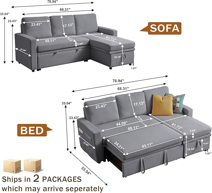 Convertible Sofa Bed L-Shape Sectional Sleeper Sofa with Storage Chaise Modern Polyester 3 in 1 Pull Out Couch Bed for Living Room Light Grey