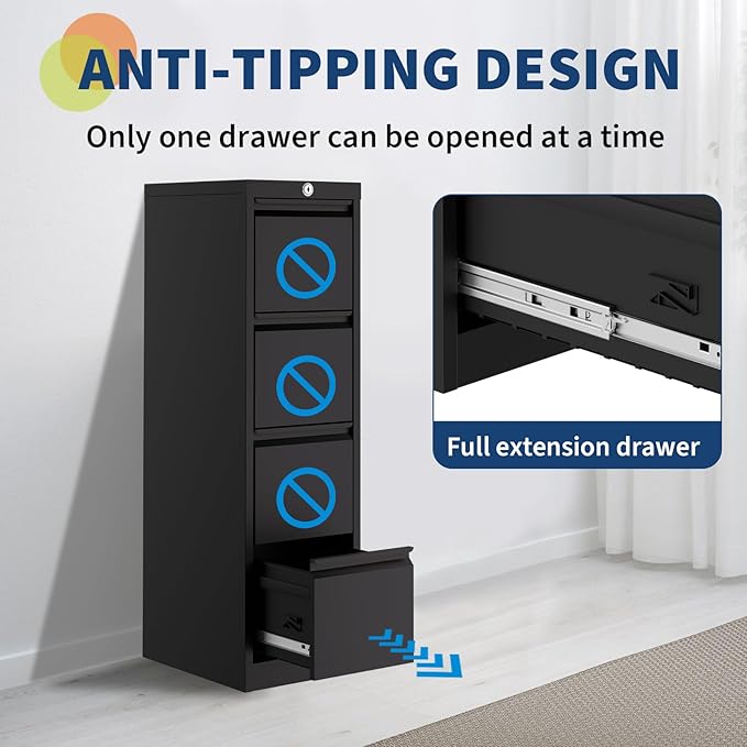 GarveeHome 4-Drawer File Cabinet with Lock - Heavy Duty Metal Filing Cabinet for Letter/Legal/A4/F4 Documents - Vertical Storage for Home Office Black